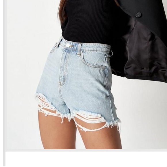 Missguided | Blue Light Wash | Extreme Ripped Hem | High Waist Denim Shorts 0 - Picture 2 of 11